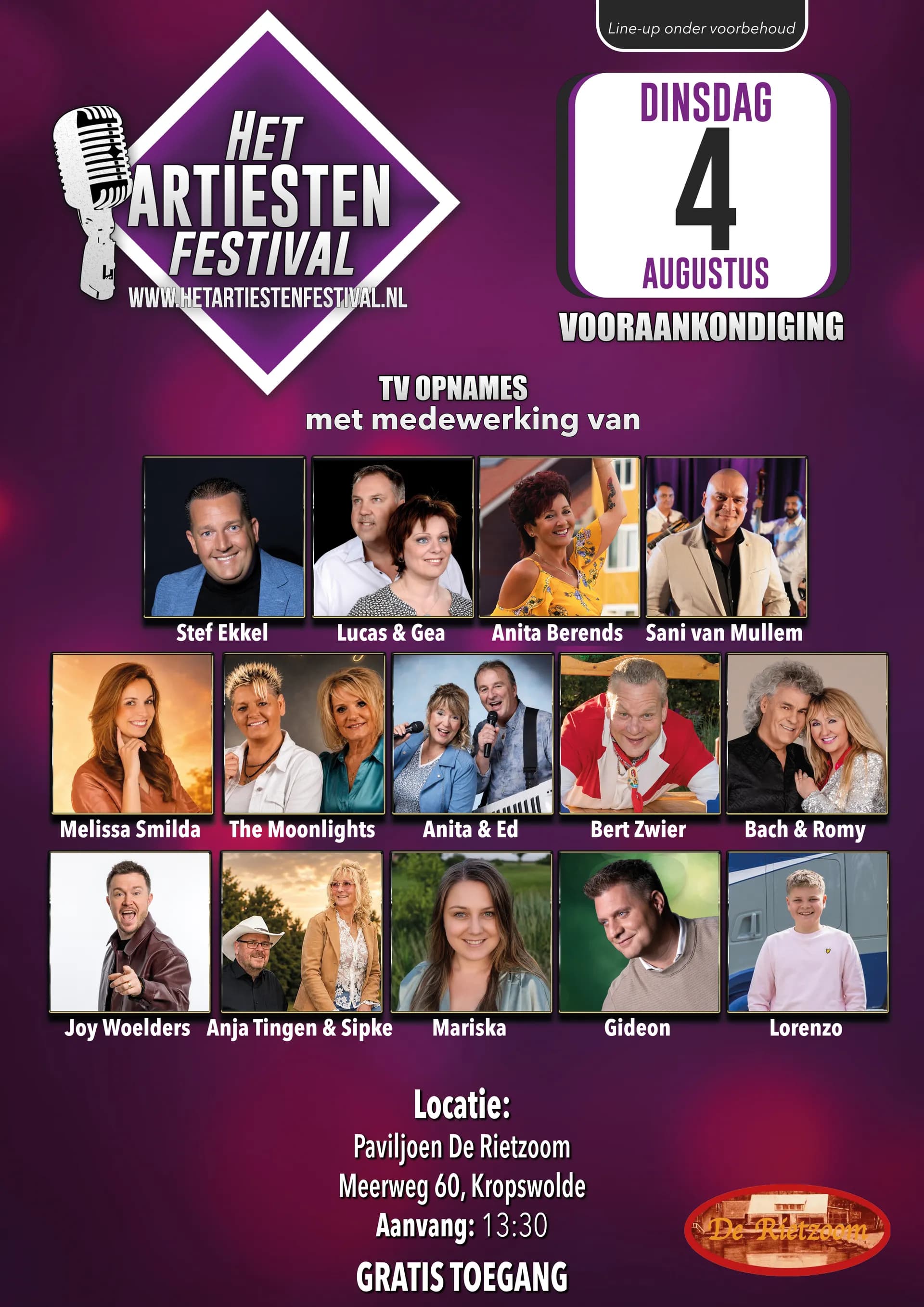 Foto van evenement Het Artiesten Festival TV-opnames @ Paviljoen De Rietzoom