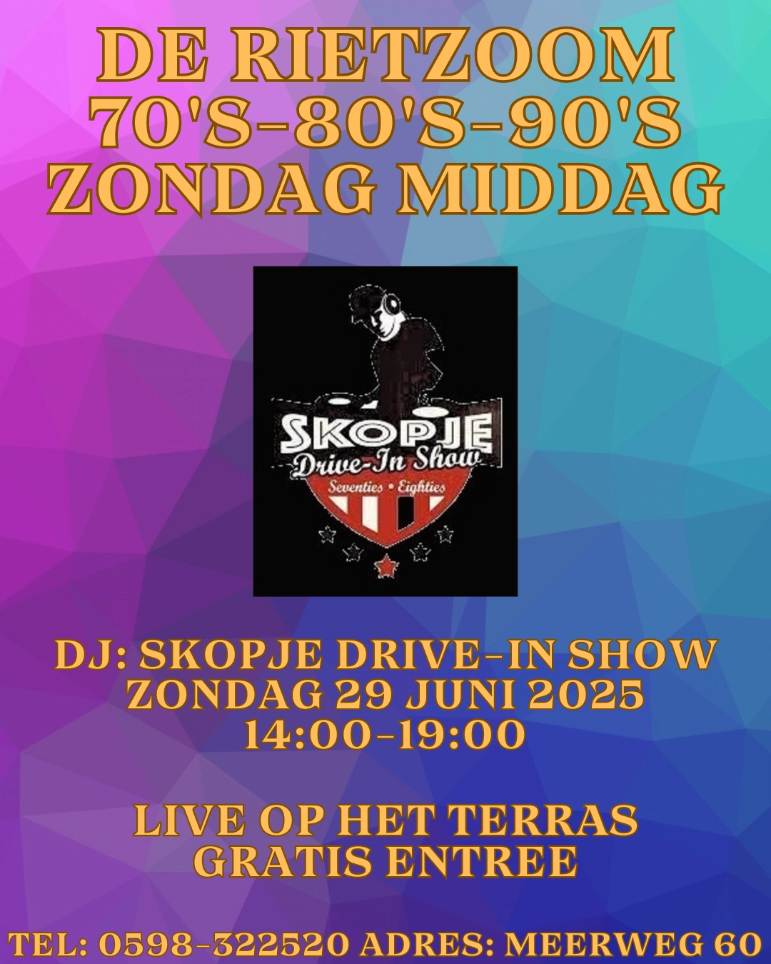Zin in een muzikale reis door de tijd? Kom dan naar de Skopje Drive-in Show bij Paviljoen De Rietzoom  ! Geniet van de lekkerste hits uit de jaren 70, 80 en 90 op een zonnig terras, met een drankje in de hand en de zon op je gezicht.
